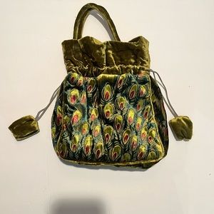 J&X NY Peacock Handbag Vintage Drawstring Green Soft